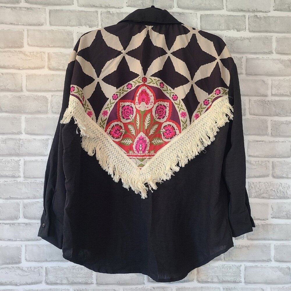 Touche Black Fringe Detail Color Insert Blouse Shirt Button Up Medium NWT